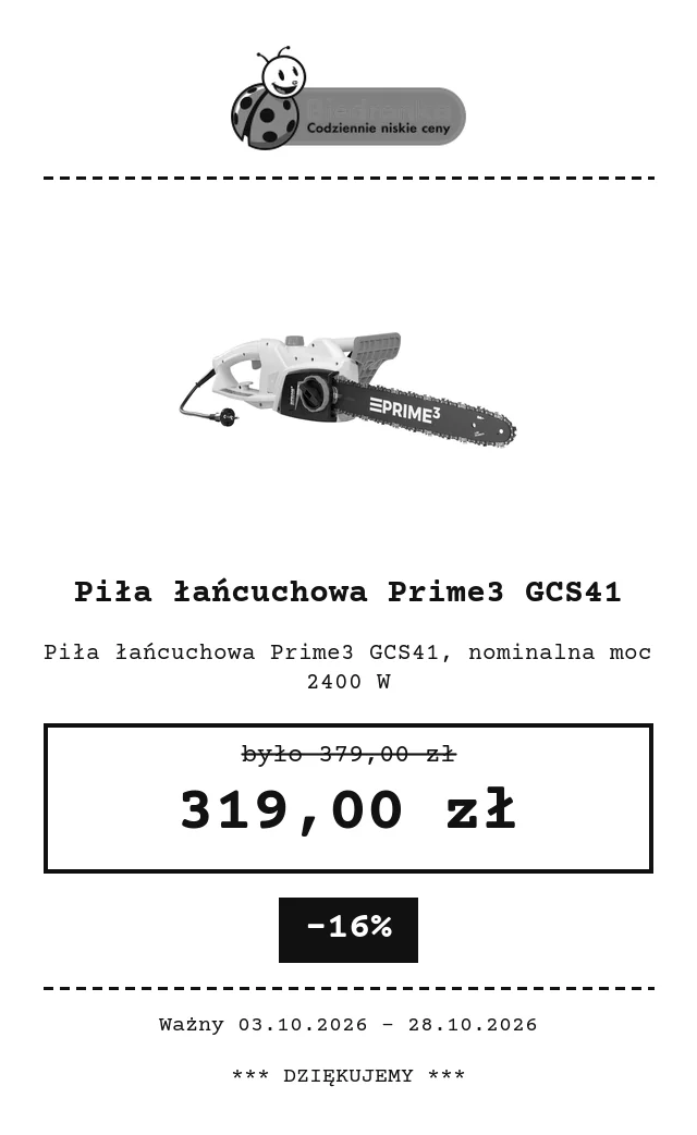 Piła łańcuchowa Prime3 GCS41 – Biedronka Home, 319,00 zł instead of 379,00 zł, -16%, valid until 28.10.2026