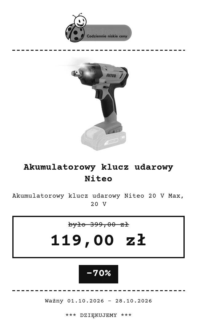 Akumulatorowy klucz udarowy Niteo – Biedronka Home, 119,00 zł instead of 399,00 zł, -70%, valid until 28.10.2026