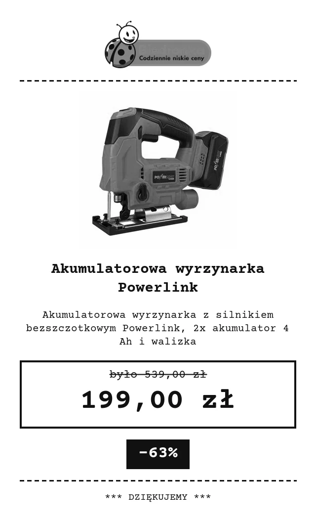 Akumulatorowa wyrzynarka Powerlink – Biedronka Home, 199,00 zł instead of 539,00 zł, -63%
